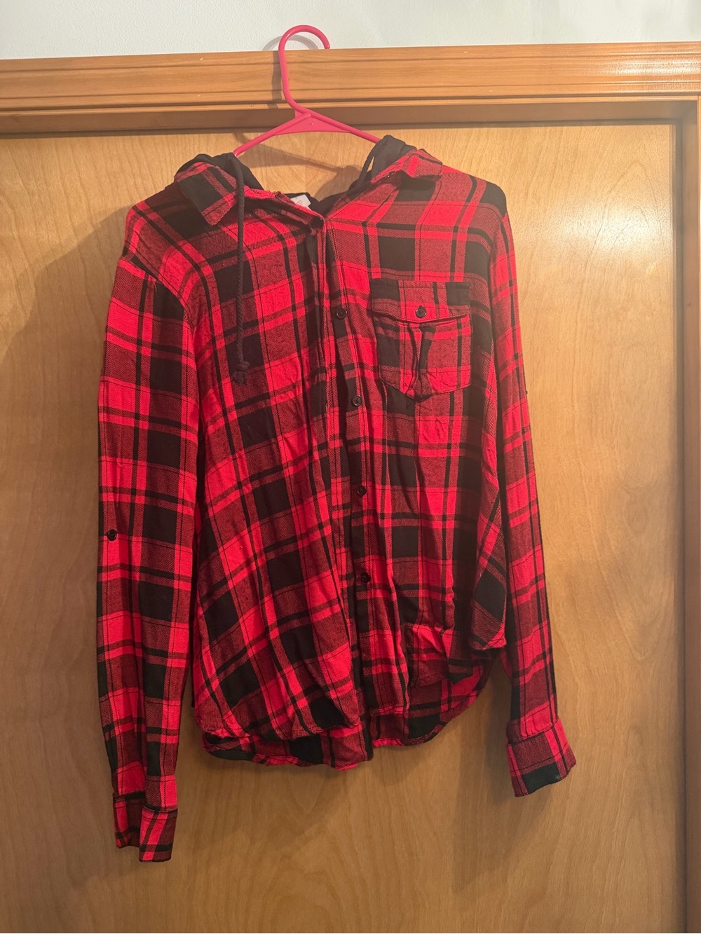No Boundaries Red and Black Plaid Hooded Button-Down Shirt